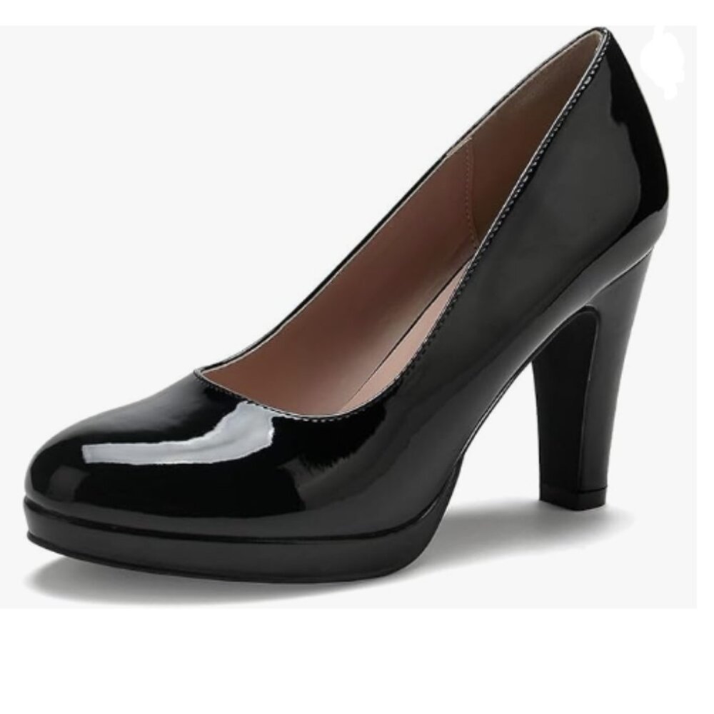 miss left Black Low Platform Chunky High Heel Slip On Round Toe Pump Dressy Shoe